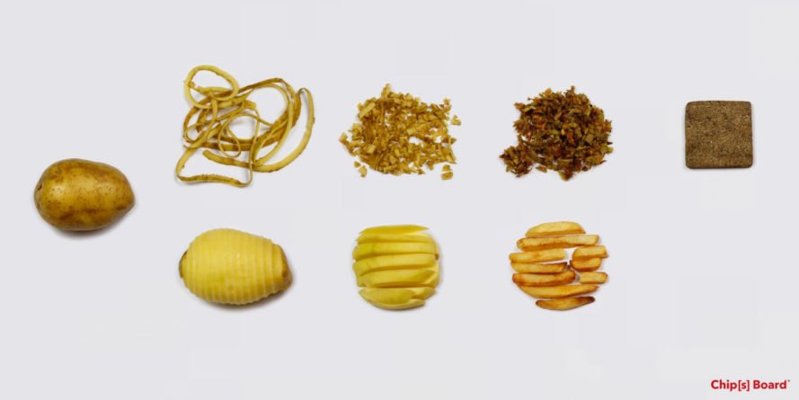 potatoes, potato peels, and building blocks made from potato waste on white background