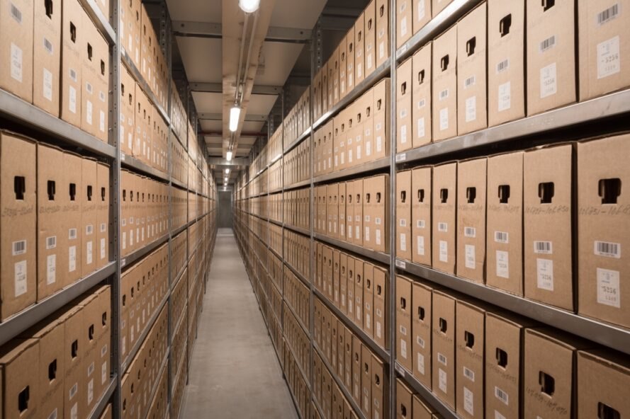 aisles of brown boxes containing archived content for a city