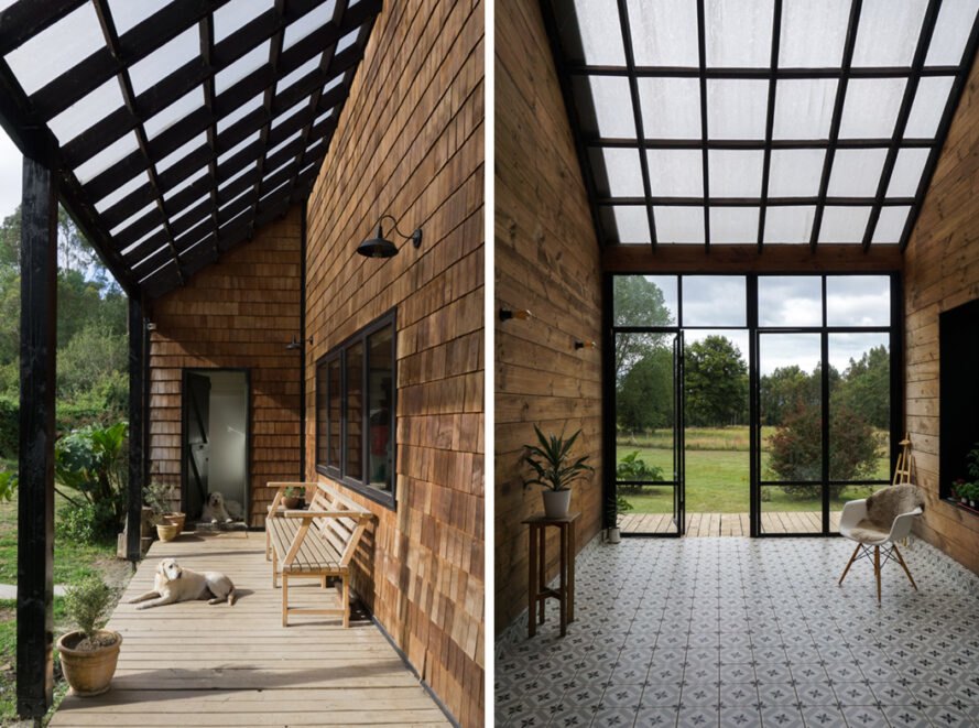 On the left, dog resting on wood porch. On the right, covered sunroom with glass window and skylights