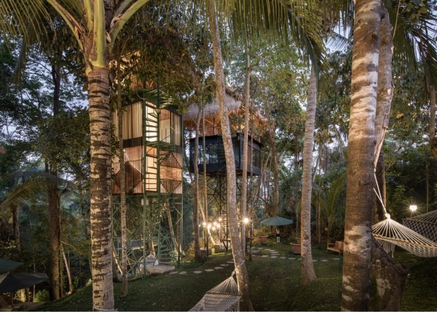 a series of treehouses in a tropical setting