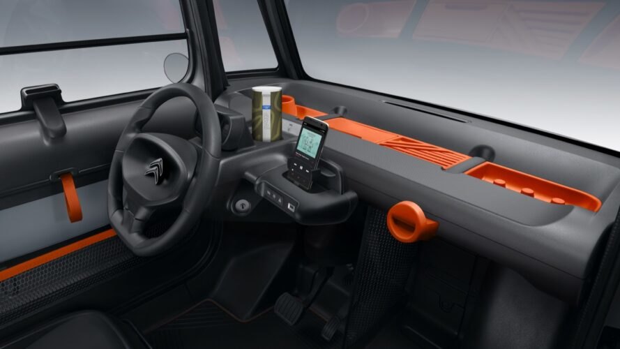 black car interior with orange details