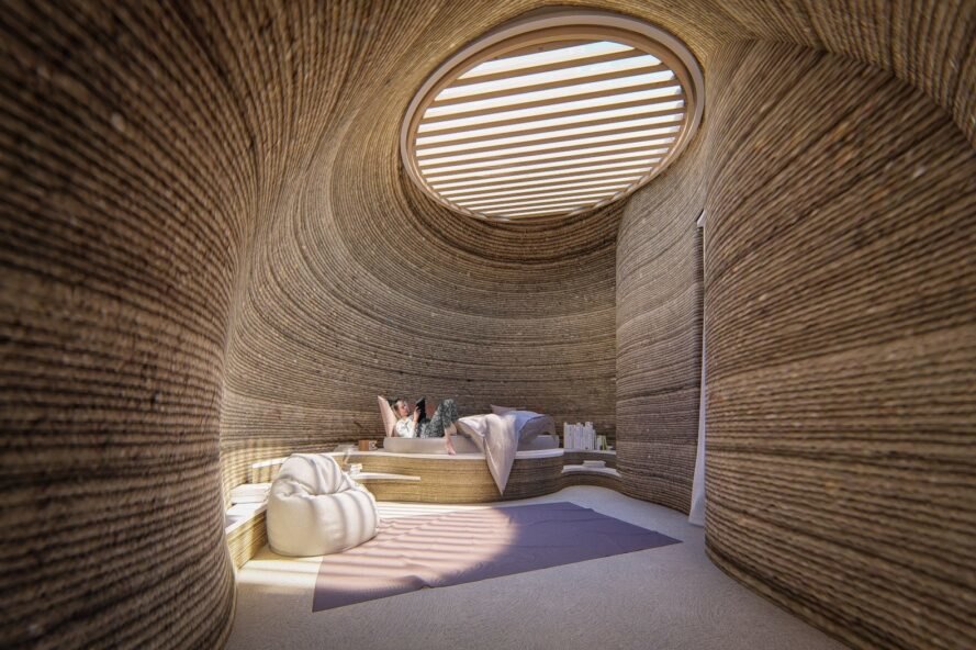 rounded, 3D-printed clay home interior